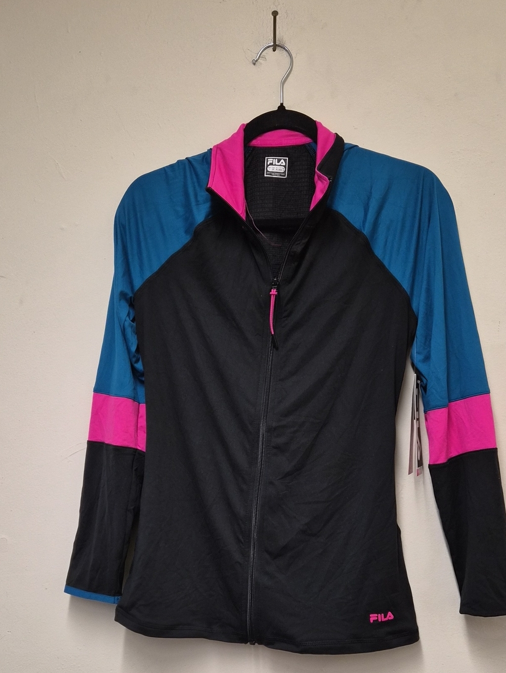 Fila Women's Black Jacket with Teal Sleeves and Hot Pink Accents Size S